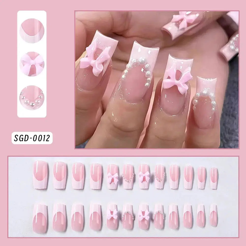 24Pcs Short Square Coffin False Nails French Glitter Wearable Fake Nails Tip Acrylic Full Cover Women Ballet Press on Nails BareGlow