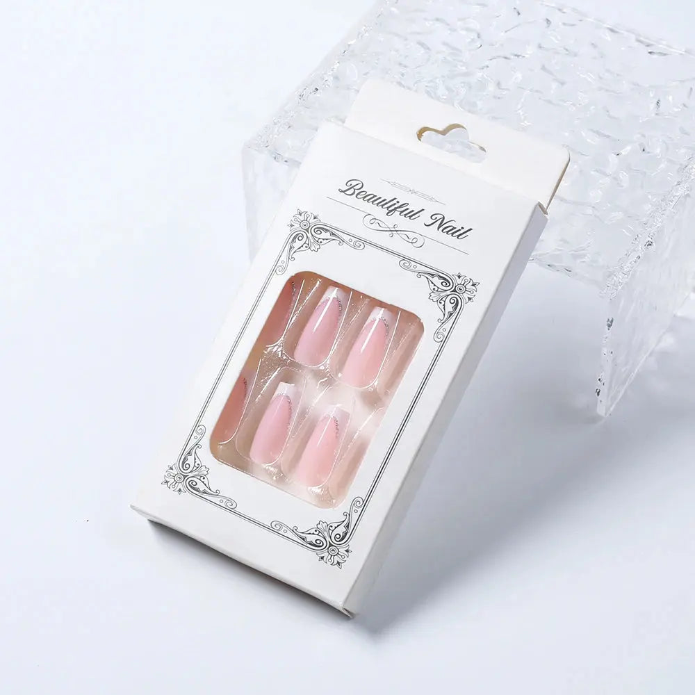 24Pcs Short Square Coffin False Nails French Glitter Wearable Fake Nails Tip Acrylic Full Cover Women Ballet Press on Nails BareGlow