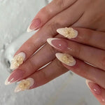 Press on Acrylic Nails Almond Full Cover Fake Nail with 3D Yellow Peach Floral False Nails with Glue Detachable Stick on Nails BareGlow