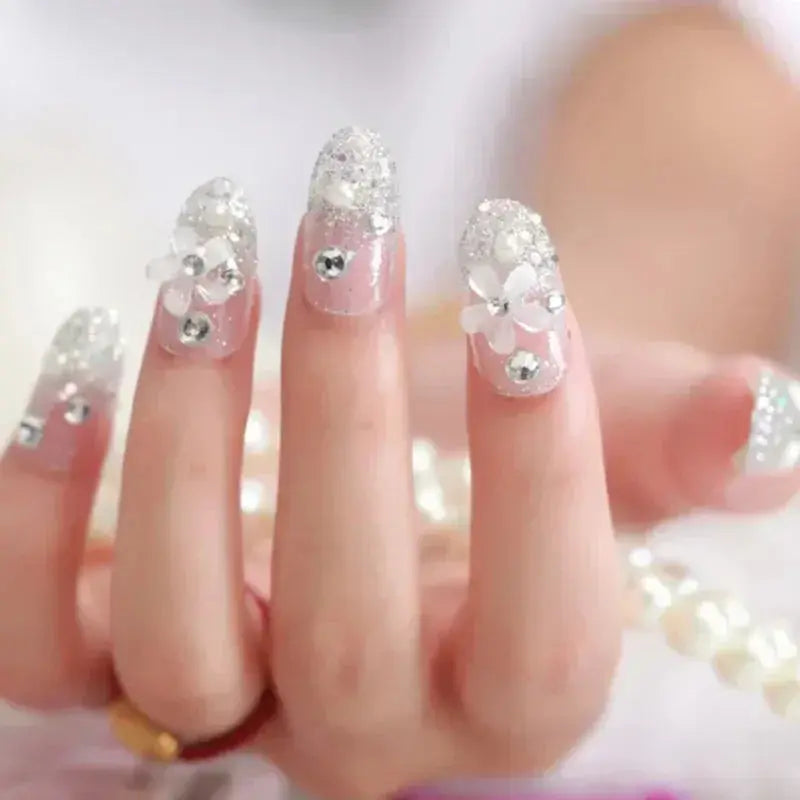 Press on Acrylic Nails Almond Full Cover Fake Nail with 3D Yellow Peach Floral False Nails with Glue Detachable Stick on Nails BareGlow