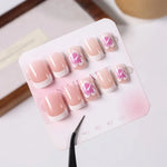 24Pcs White Pink Flower Acrylic Fake Nails Short Square French False Nail Wearable Full Cover Artificial Press on Nail For Women BareGlow