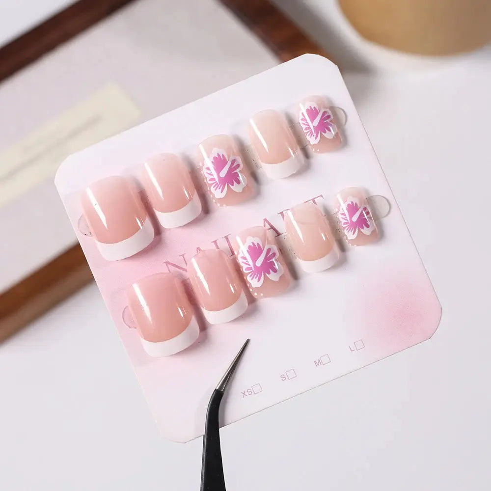 24Pcs White Pink Flower Acrylic Fake Nails Short Square French False Nail Wearable Full Cover Artificial Press on Nail For Women BareGlow