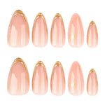 Almond Press On Nails 24Pcs Gold Line Design Glossy Full Cover Acrylic Fake Nails Kit with Jelly Glue And File for Women Daily Party Gift Set BareGlow