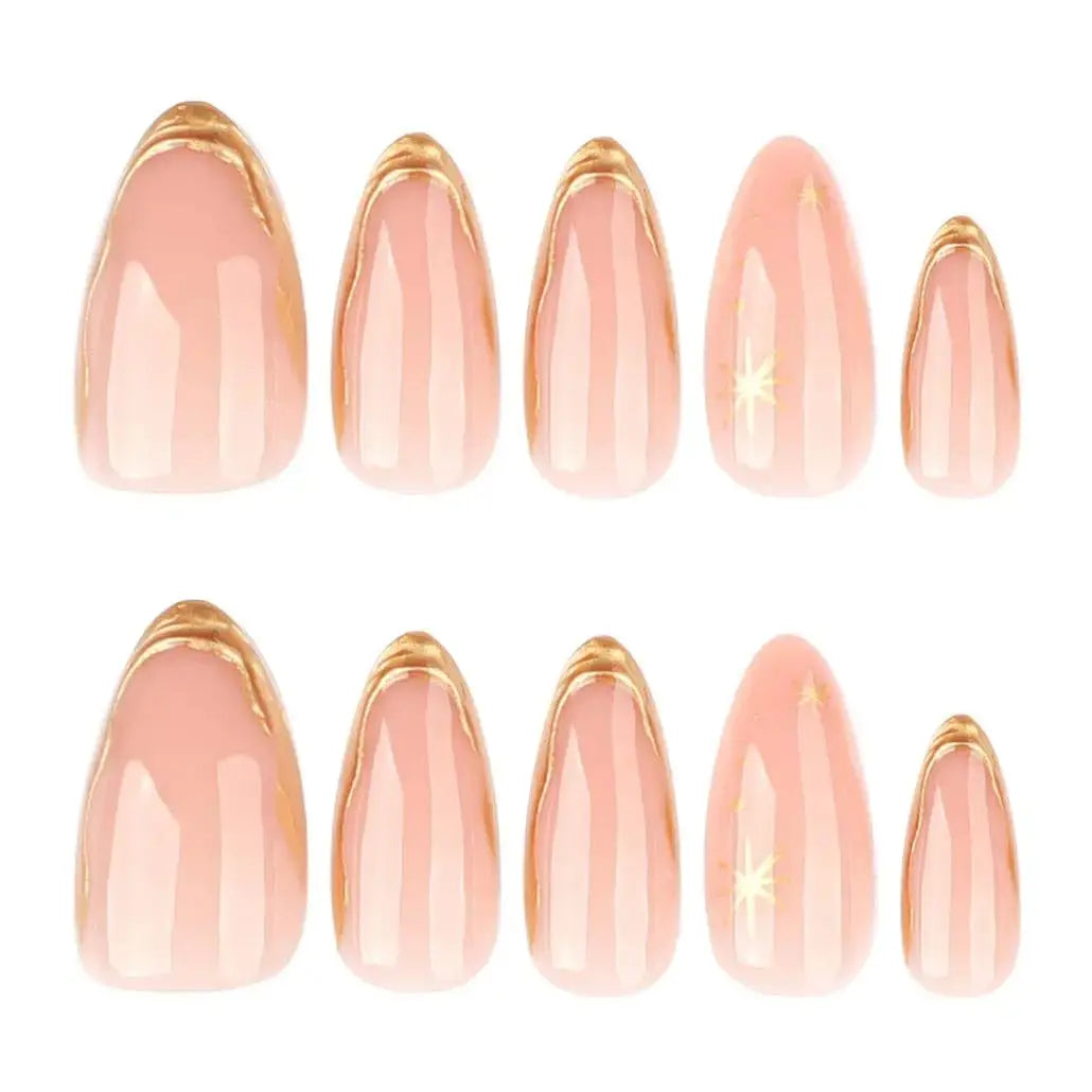 Almond Press On Nails 24Pcs Gold Line Design Glossy Full Cover Acrylic Fake Nails Kit with Jelly Glue And File for Women Daily Party Gift Set BareGlow