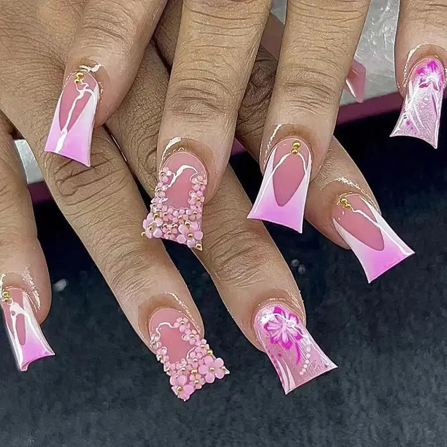 24 Pcs Pink French 3D Flower Decorations for Fake Nails Almond Press on Nails Acrylic Artificial Reusable False Nails Self-nail BareGlow