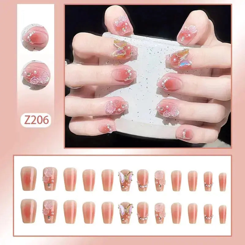 24 Pcs Pink French 3D Flower Decorations for Fake Nails Almond Press on Nails Acrylic Artificial Reusable False Nails Self-nail BareGlow