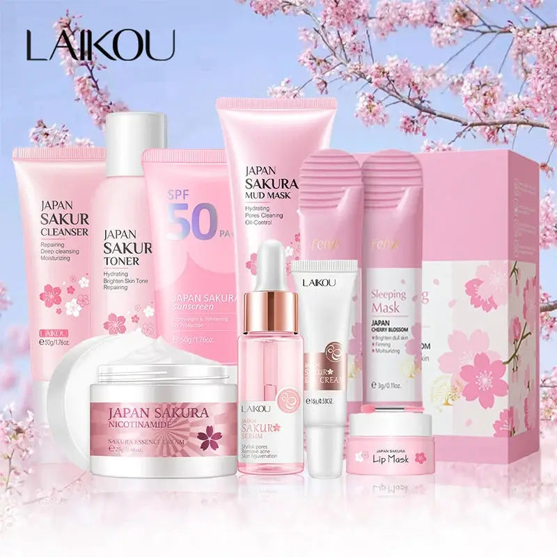 9pcs Facial Products Kit Sakura Skin Care Set Facial Cleanser Face Cream Sunscreen Facial Mask Eye Cream Korean Skincare Product BareGlow