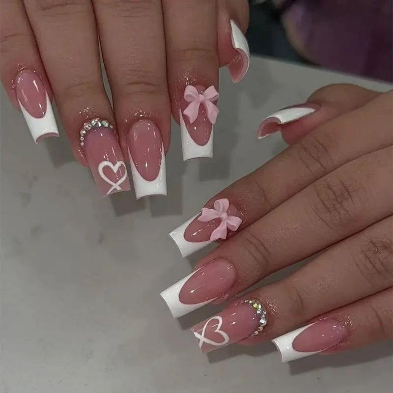 Chic Bows Tie Adorned Press On Nails Medium Long False Nails Full Cover Glossy Nude Square Acrylic False Nails Drop Shipping BareGlow