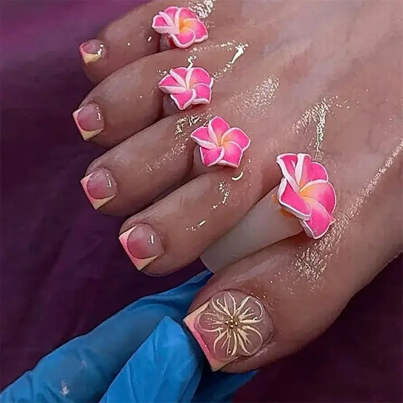 2026 New French False Toe Nails with Heart Rhinestone Design White Edge Summer Press on Toenails Fashion Fake Toenail Patches BareGlow