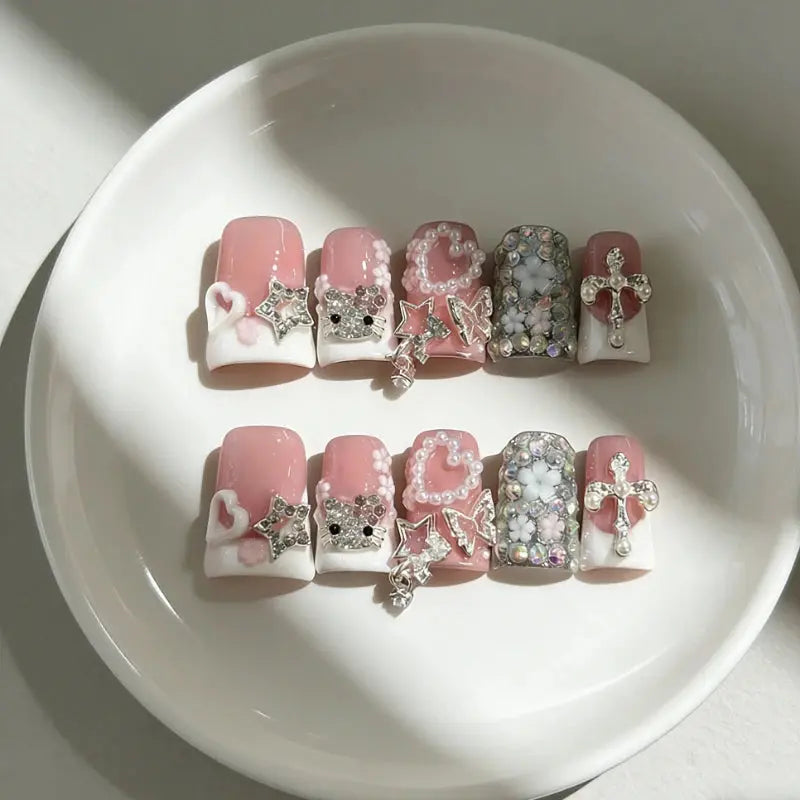 10pcs Y2k Duck Nails Pink Base Acrylic Press on Nails with 3D Cat Star Cross Pearl Rhinestone Decor Handmade French Tip Nail BareGlow