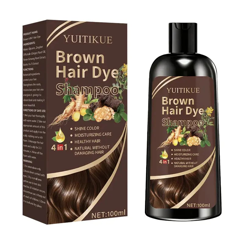YUITIKUE Brown Hair Dye Shampoo | 4-in-1 Color, Moisturize, Nourish, Natural Ginger Formula 100ml BareGlow