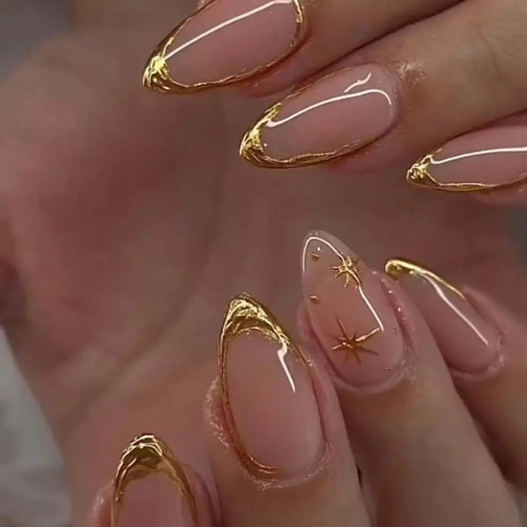 Almond Press On Nails 24Pcs Gold Line Design Glossy Full Cover Acrylic Fake Nails Kit with Jelly Glue And File for Women Daily Party Gift Set BareGlow