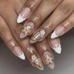 Press on Acrylic Nails Almond Full Cover Fake Nail with 3D Yellow Peach Floral False Nails with Glue Detachable Stick on Nails BareGlow