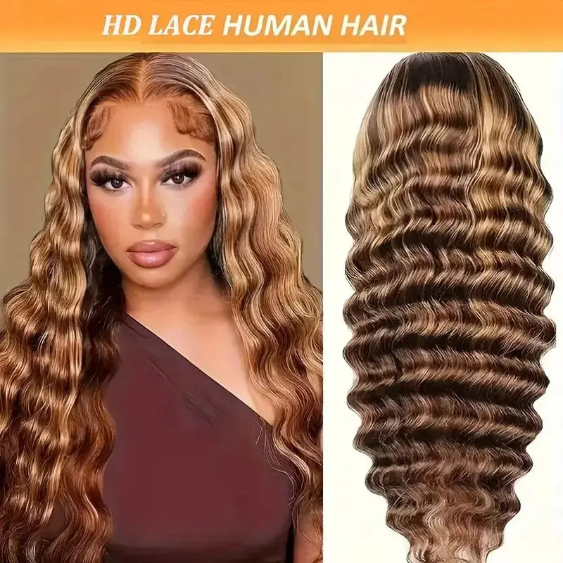 Honey Blonde Ombre Highlight Body Wave Lace Front Human Hair Wigs Pre Plucked Glueless Straight Deep Wave Frontal Wigs For Woman On Clearance Sale BareGlow