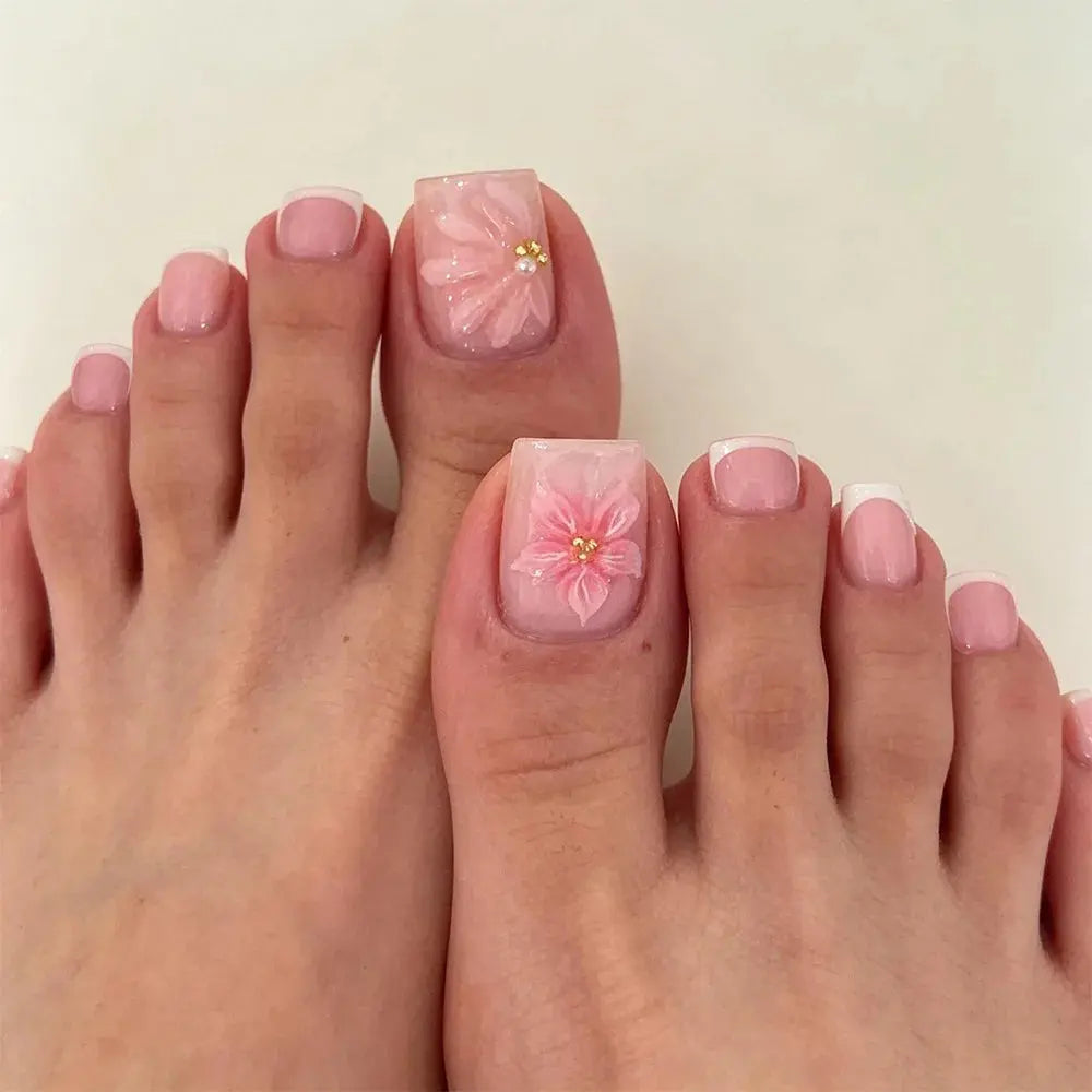 24Pcs Short Square Head French Fake Toenails with 3D Flower Design Press on False Nails Pink Simple Wearable Full Cover Nail Tip BareGlow
