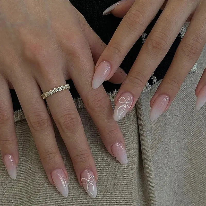 White French Press on Nails 3D Bowknot Fake Nails Tips Full Cover Wearable False Nails for Women and Girls DIY Manicure 24Pcs BareGlow