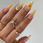 Press on Acrylic Nails Almond Full Cover Fake Nail with 3D Yellow Peach Floral False Nails with Glue Detachable Stick on Nails BareGlow