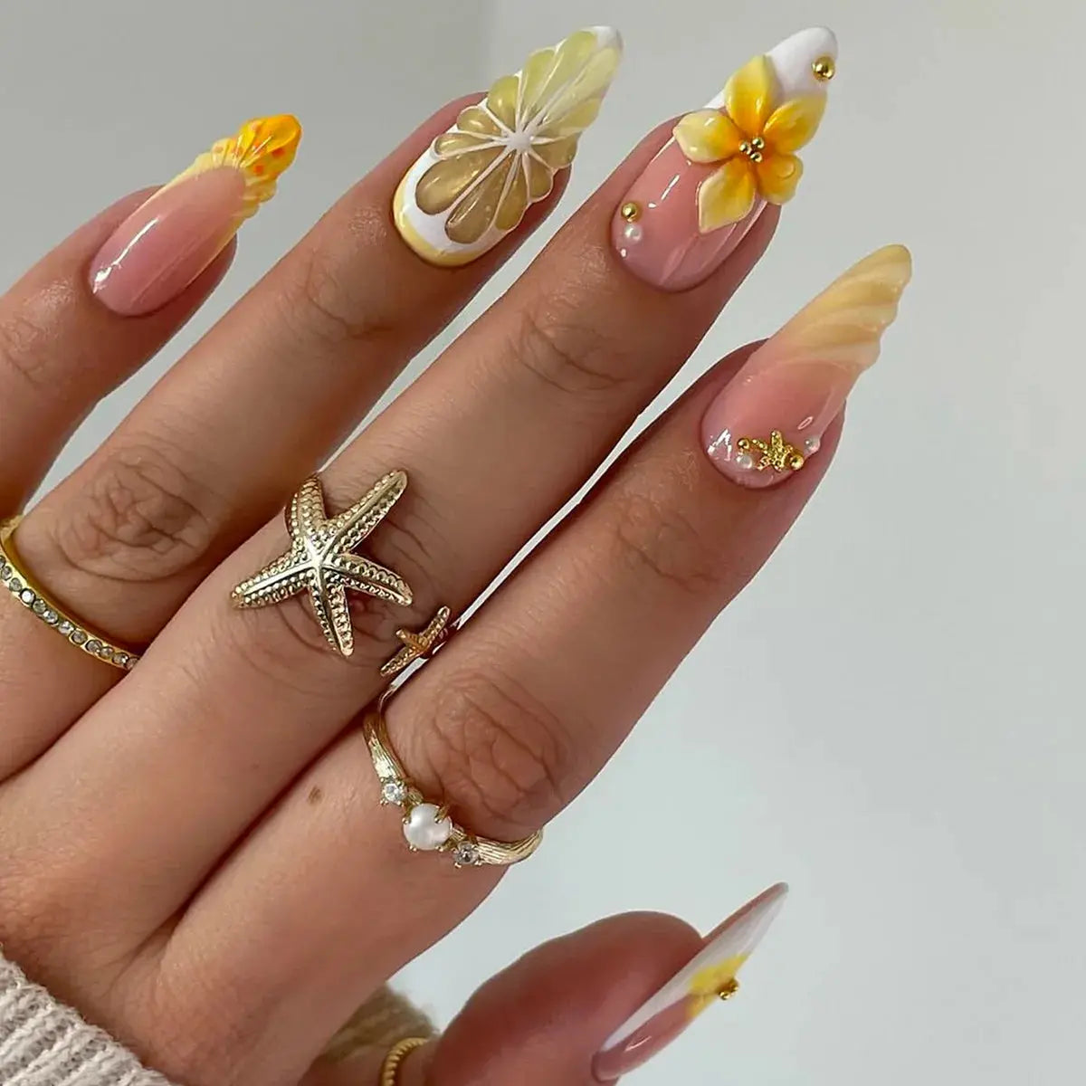 Press on Acrylic Nails Almond Full Cover Fake Nail with 3D Yellow Peach Floral False Nails with Glue Detachable Stick on Nails BareGlow