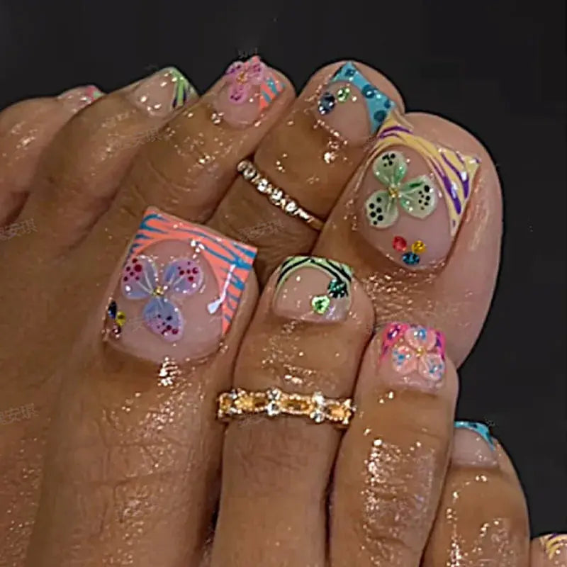 24Pcs Short Square Head French Fake Toenails with 3D Flower Design Press on False Nails Pink Simple Wearable Full Cover Nail Tip BareGlow