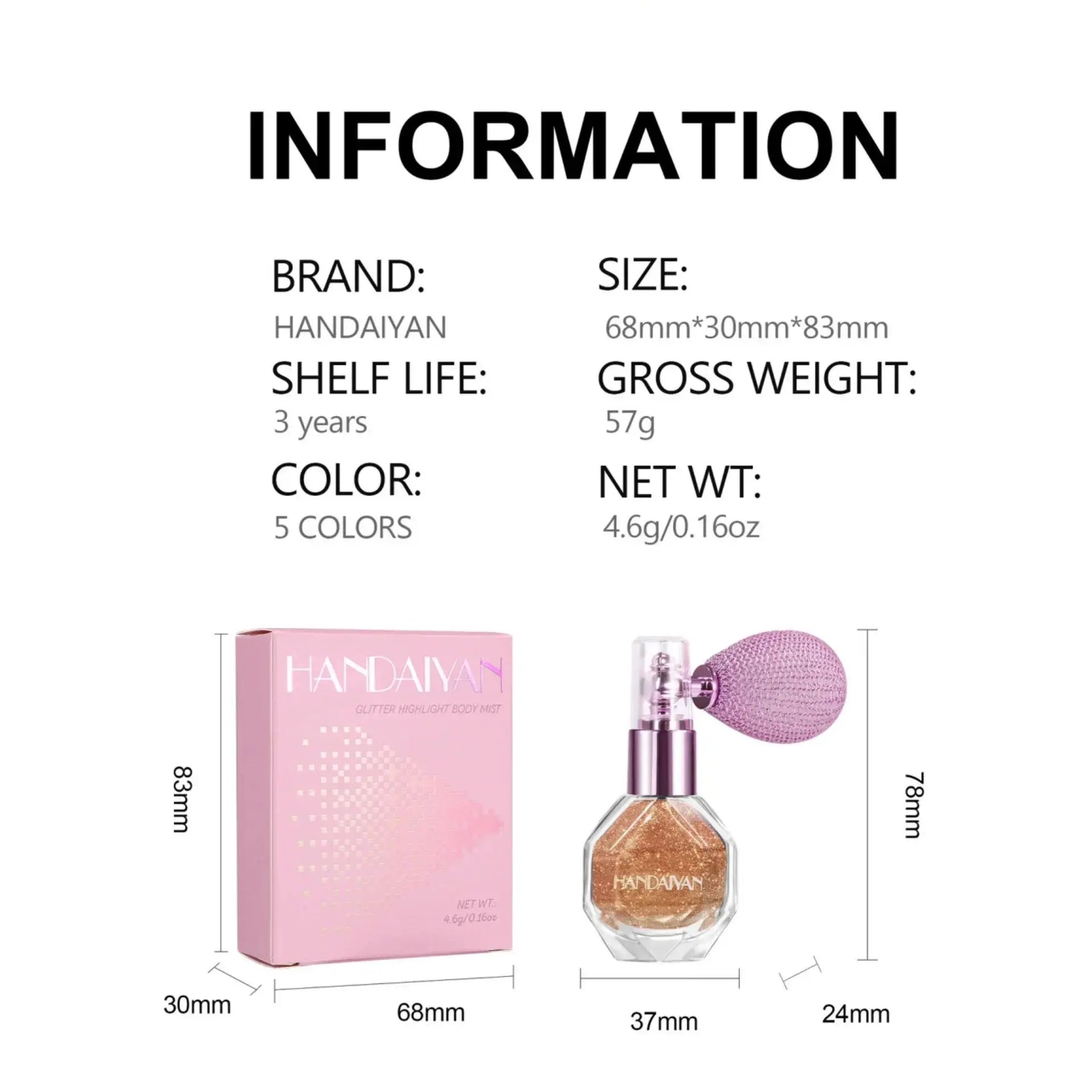 5 Color Body Highlight Powder Spray Brightening Sparkling Glitter Clothes Face Hair Makeup Highlighter Spray BareGlow