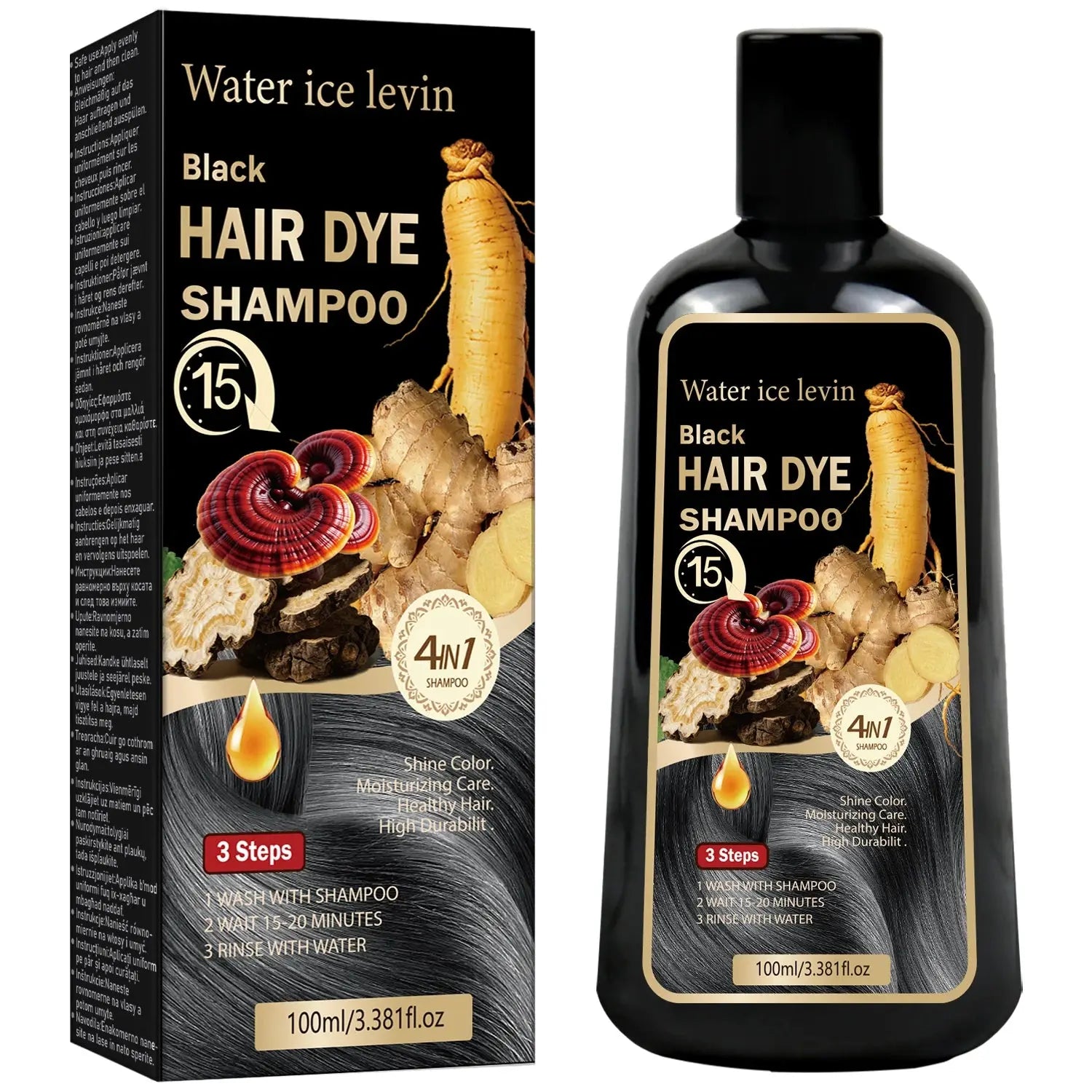Water Ice Levin Black Hair Dye Shampoo 4-in-1 Mild Natural Herbal Ingredients 15 Minutes Fast Coloring Moisturizing Care 100ml BareGlow