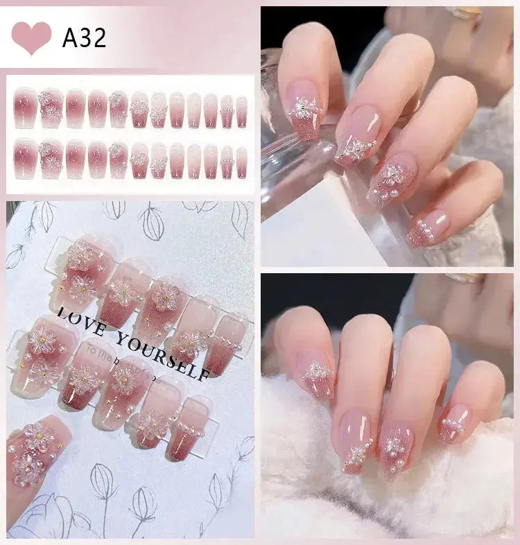24Pcs White Pink Flower Acrylic Fake Nails Short Square French False Nail Wearable Full Cover Artificial Press on Nail For Women BareGlow