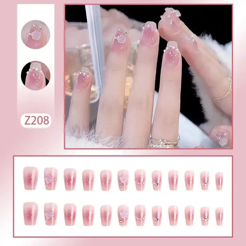 24 Pcs Pink French 3D Flower Decorations for Fake Nails Almond Press on Nails Acrylic Artificial Reusable False Nails Self-nail BareGlow