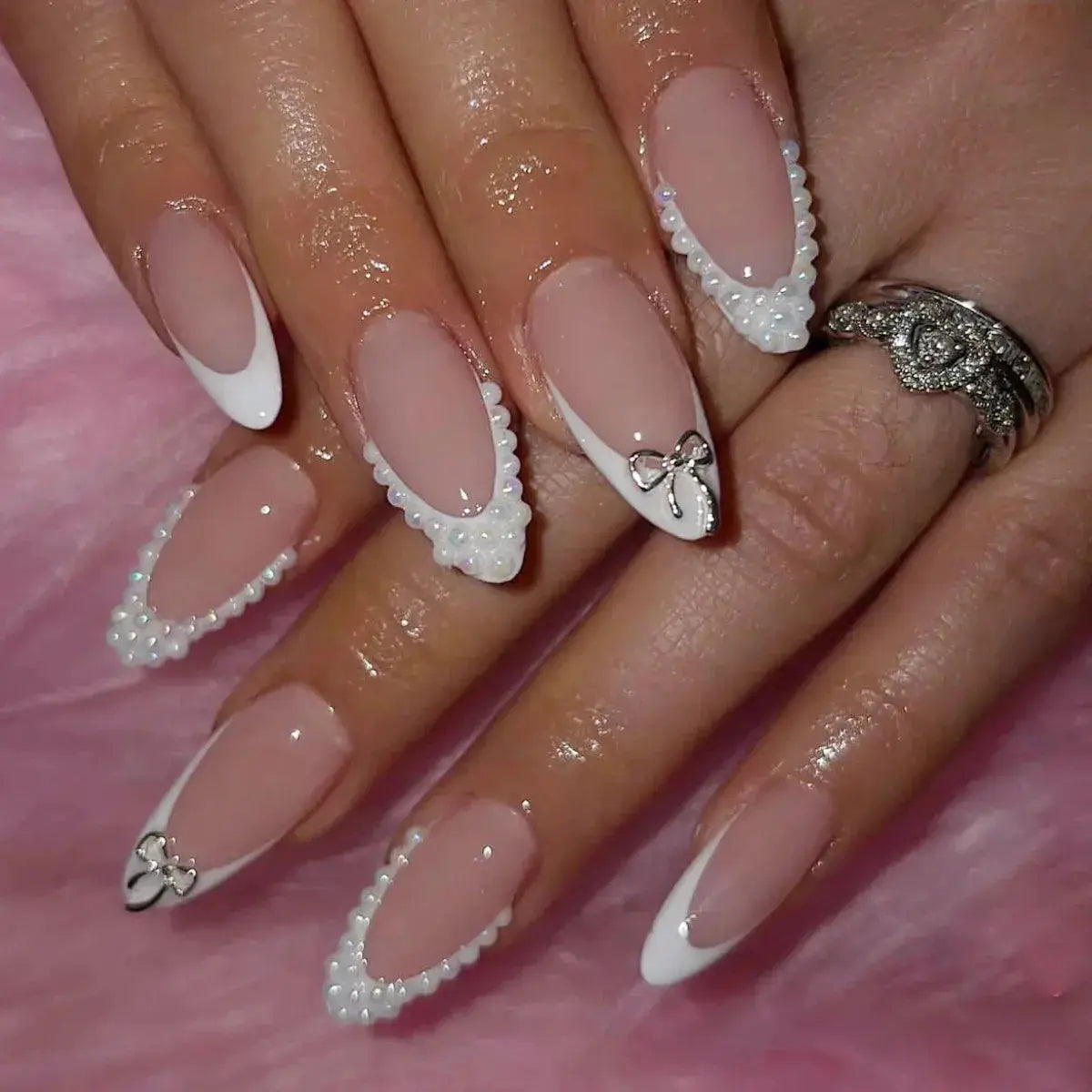 White French Press on Nails 3D Bowknot Fake Nails Tips Full Cover Wearable False Nails for Women and Girls DIY Manicure 24Pcs BareGlow