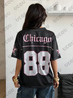 Summer New Chicago No.88 Print T Shirt For Women V-Neck Patchwork Short Sleeve Sports Football Jersey Y2K Loose Oversized Tops BareGlow