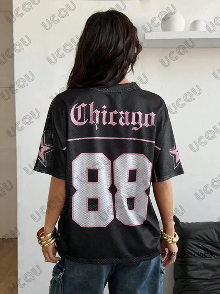 Summer New Chicago No.88 Print T Shirt For Women V-Neck Patchwork Short Sleeve Sports Football Jersey Y2K Loose Oversized Tops BareGlow