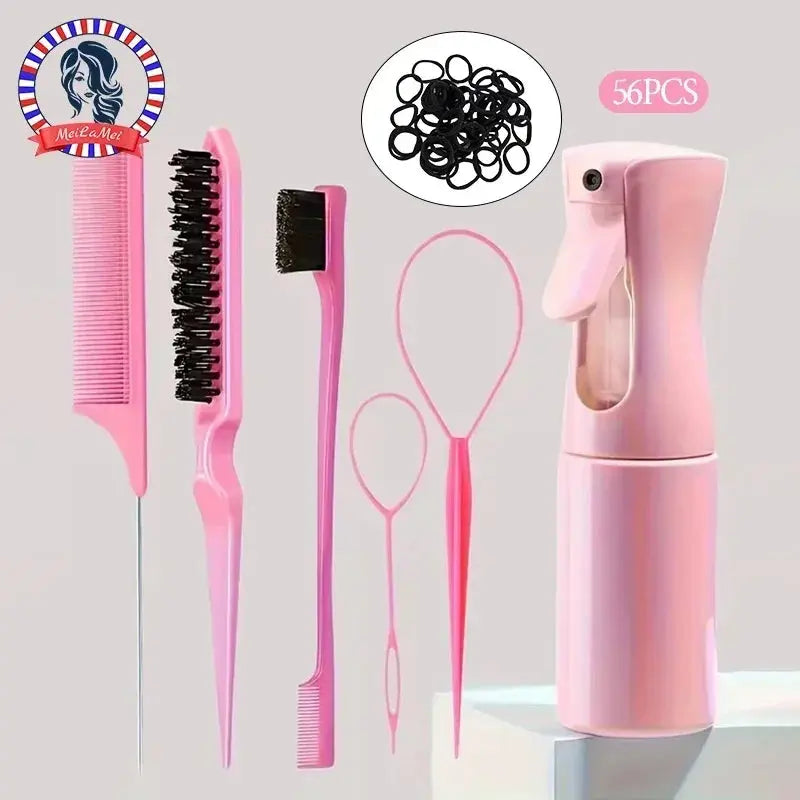 56PCS Hair Styling Set Spray Bottle Hair Brushes Elastic Hair Bands Rat Tail Comb Edge Brush for Women Girls Hair Styling Tools BareGlow