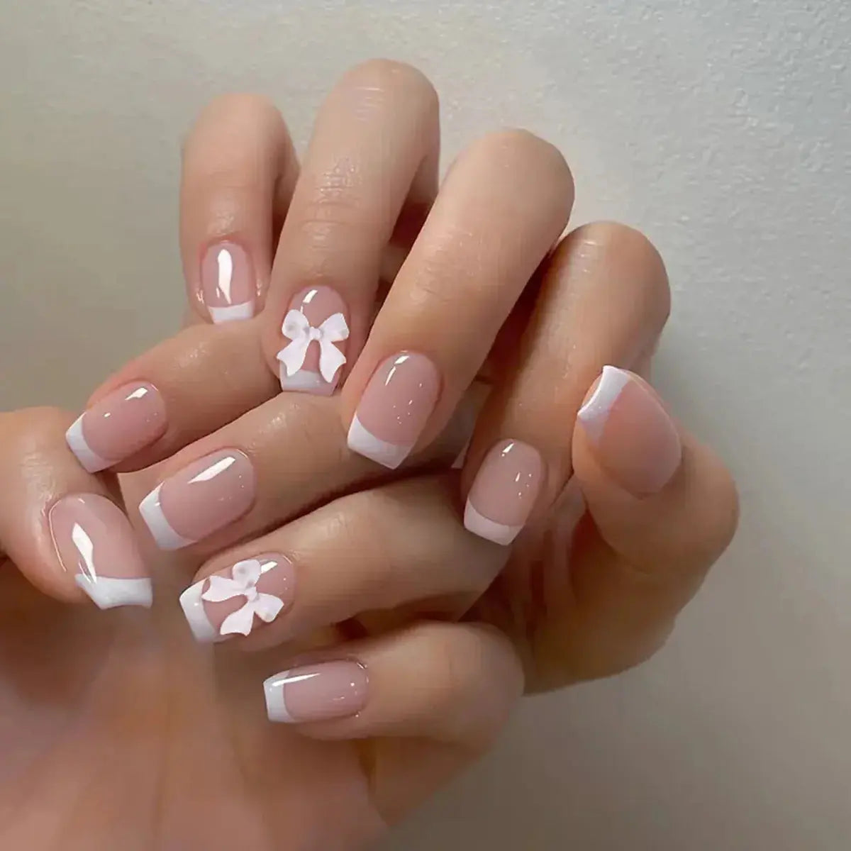 White French Press on Nails 3D Bowknot Fake Nails Tips Full Cover Wearable False Nails for Women and Girls DIY Manicure 24Pcs BareGlow