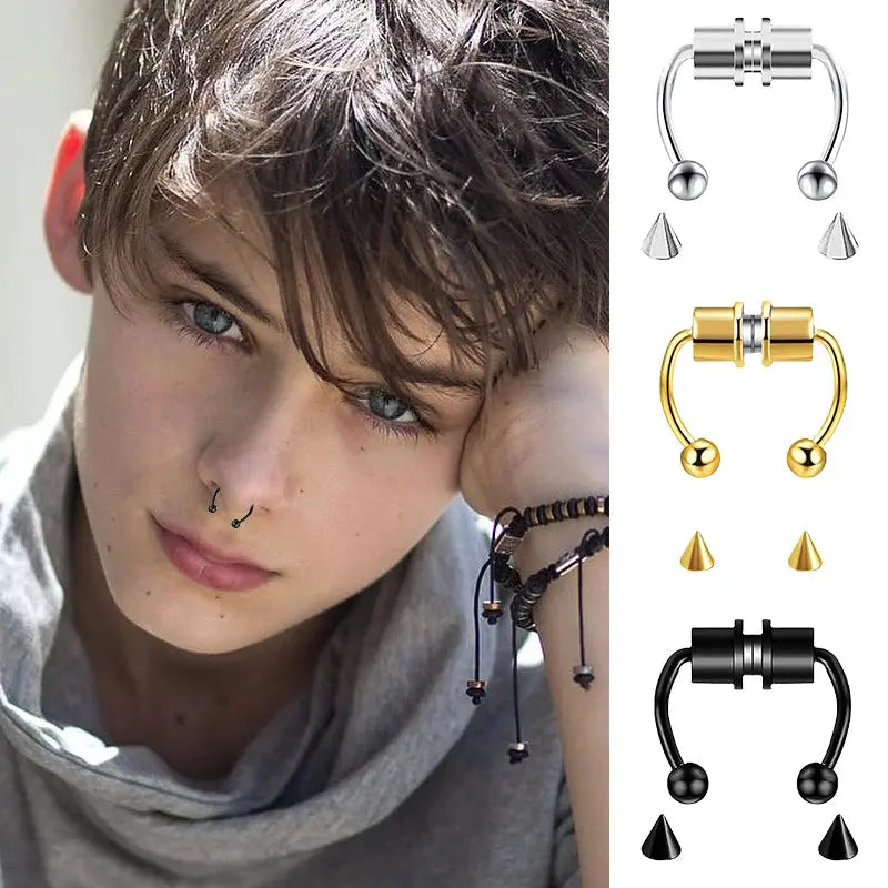 5pcs Stainless Steel Magnet Fake Nose Ring Hoop Fake Piercing Hoop Septum Rings For Women Fashion Gothic Rock Body Jewelry Gifts BareGlow