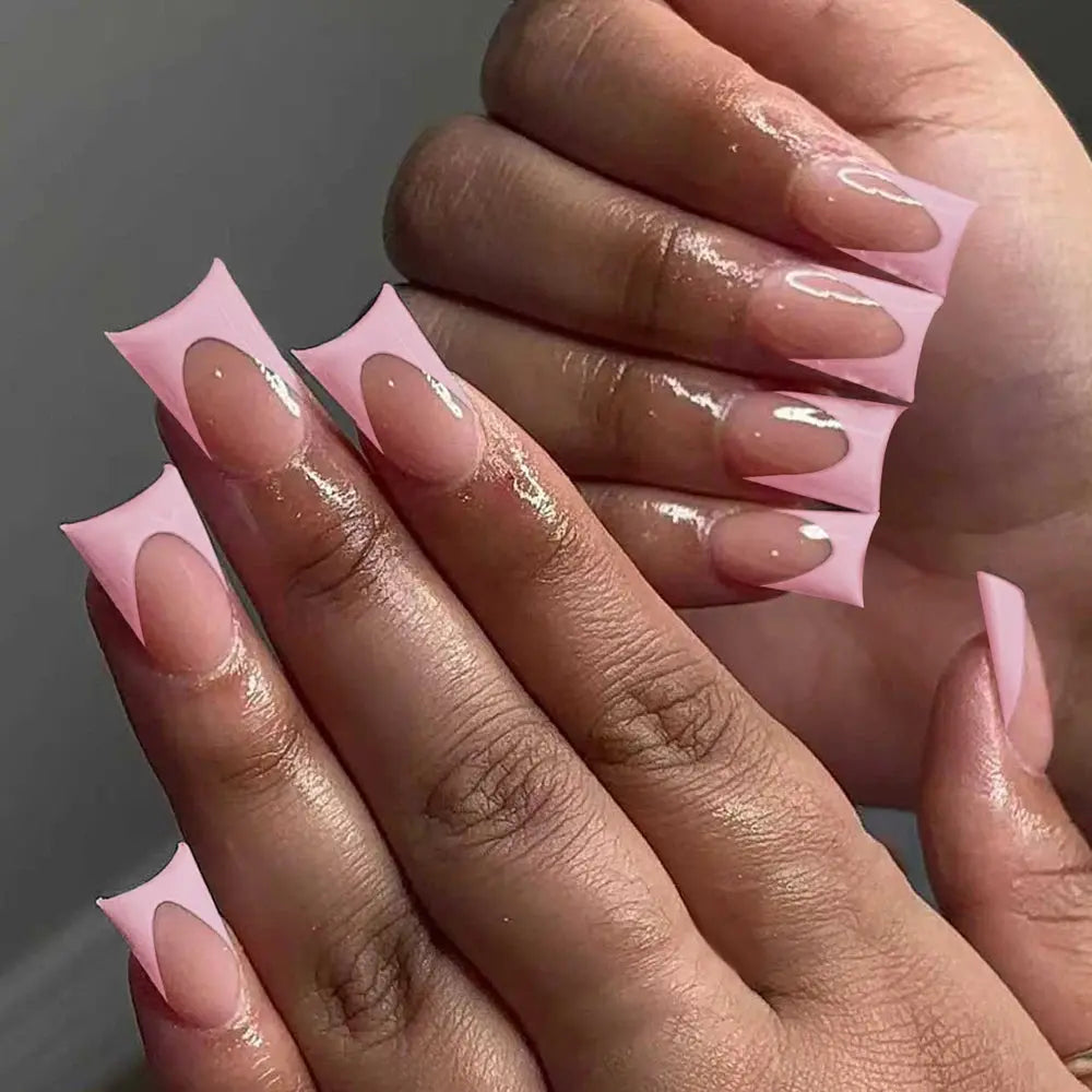 24pcs Duck Nails Simple and classic Elegance pink French,Detachable reusable press on acrylic nails BareGlow