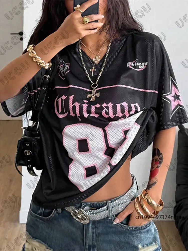 Summer New Chicago No.88 Print T Shirt For Women V-Neck Patchwork Short Sleeve Sports Football Jersey Y2K Loose Oversized Tops BareGlow