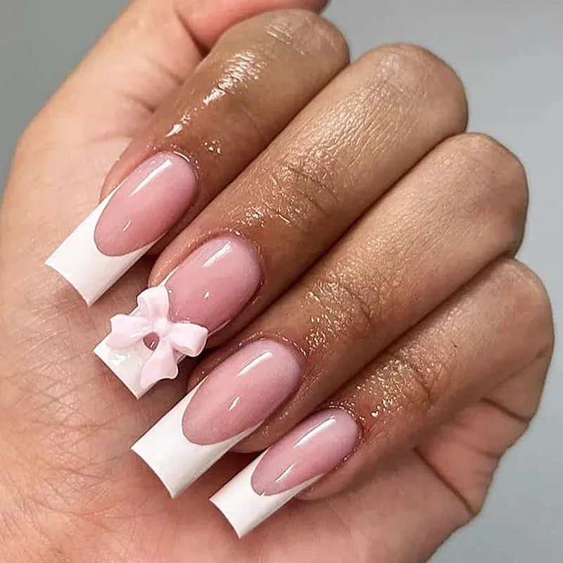White French Press on Nails 3D Bowknot Fake Nails Tips Full Cover Wearable False Nails for Women and Girls DIY Manicure 24Pcs BareGlow