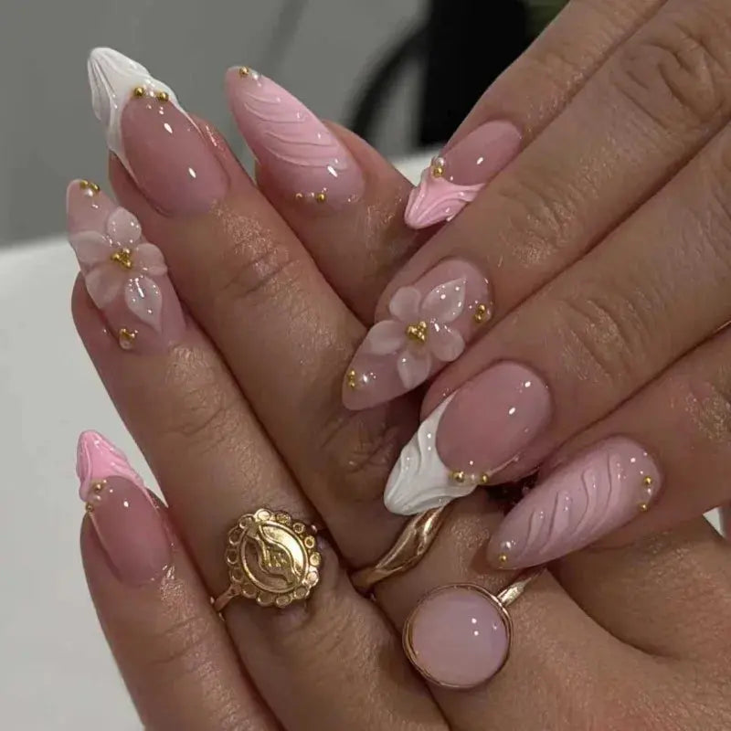 24 Pcs Pink French 3D Flower Decorations for Fake Nails Almond Press on Nails Acrylic Artificial Reusable False Nails Self-nail BareGlow