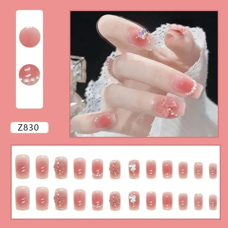 24 Pcs Pink French 3D Flower Decorations for Fake Nails Almond Press on Nails Acrylic Artificial Reusable False Nails Self-nail BareGlow