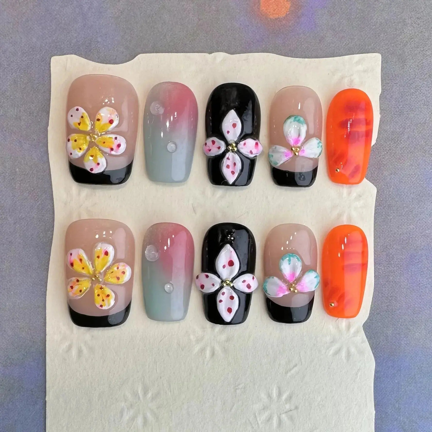 10Pcs 3D Green Flower Handmade Press on Nails French Fake Nails Wearable Stick-on Nails False Nail Uñas Накладные Ногти 네일팁 BareGlow