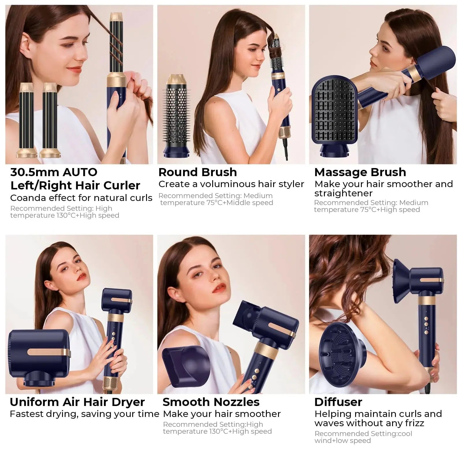 7 In 1 Hair Dryer Brush Brushless High Speed Hair Dryer with Diffuser Ionic Blow Dryer Hot Air Styling Comb Auto Hair Curler BareGlow