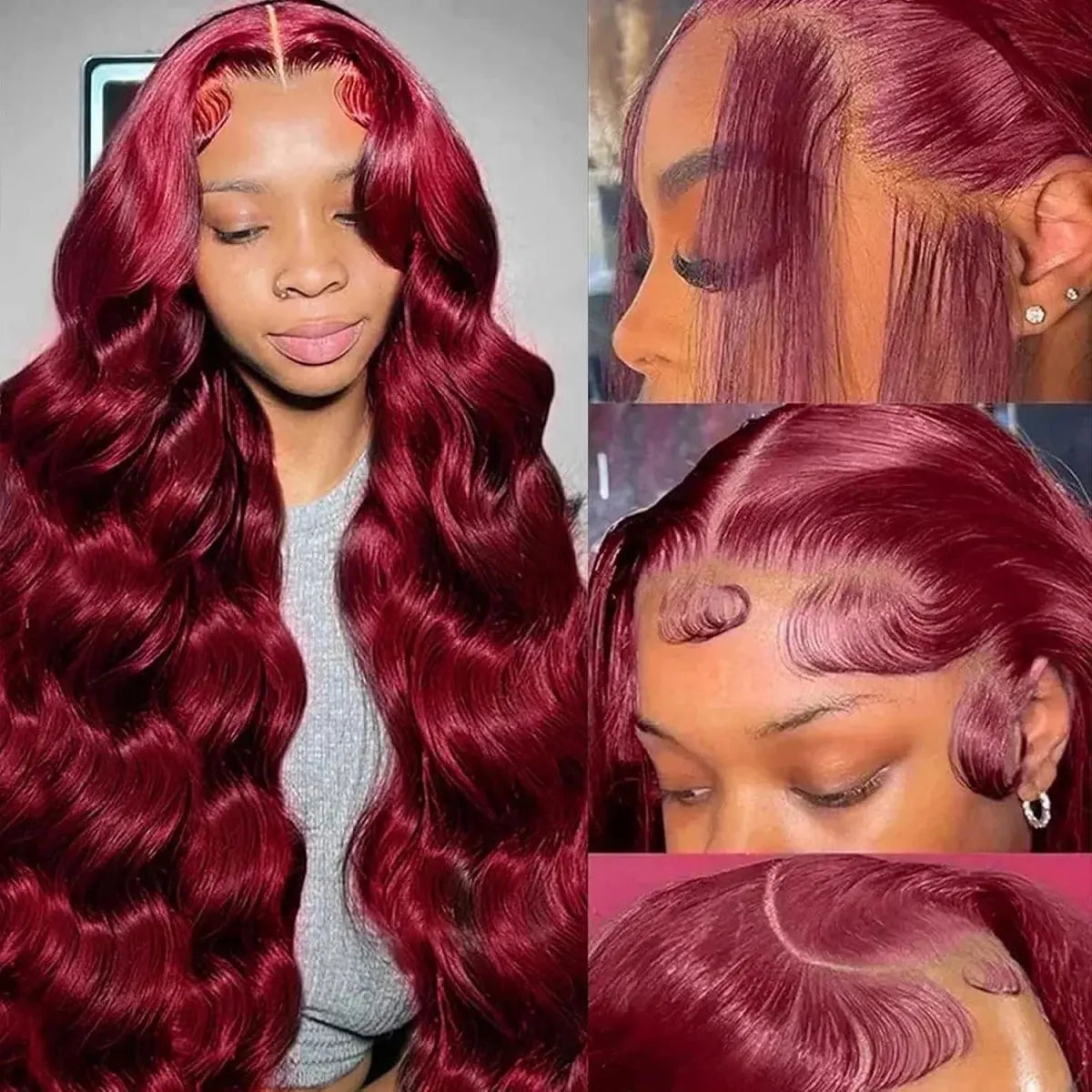 99j 220% Density 13x4 Wine Red/Burgundy Lace Front Straight Deep Wave Wigs BareGlow