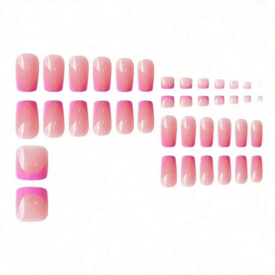 24Pcs French Pink Square Nail & Toenail Combo Kit, Removable Reusable Press On Nails For Daily Wear BareGlow