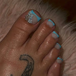 2026 New French False Toe Nails with Heart Rhinestone Design White Edge Summer Press on Toenails Fashion Fake Toenail Patches BareGlow