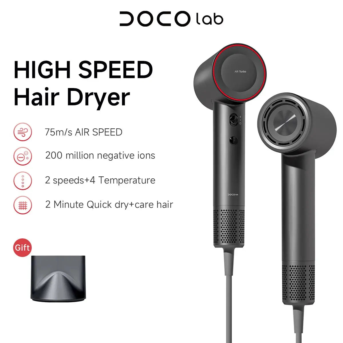 DOCO LAB Professional Hair Dryer 110000 RPM High-Speed Brushless Motor for Fast Drying Anti-static Negative Ion Technology Hair BareGlow