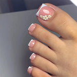 2026 New French False Toe Nails with Heart Rhinestone Design White Edge Summer Press on Toenails Fashion Fake Toenail Patches BareGlow