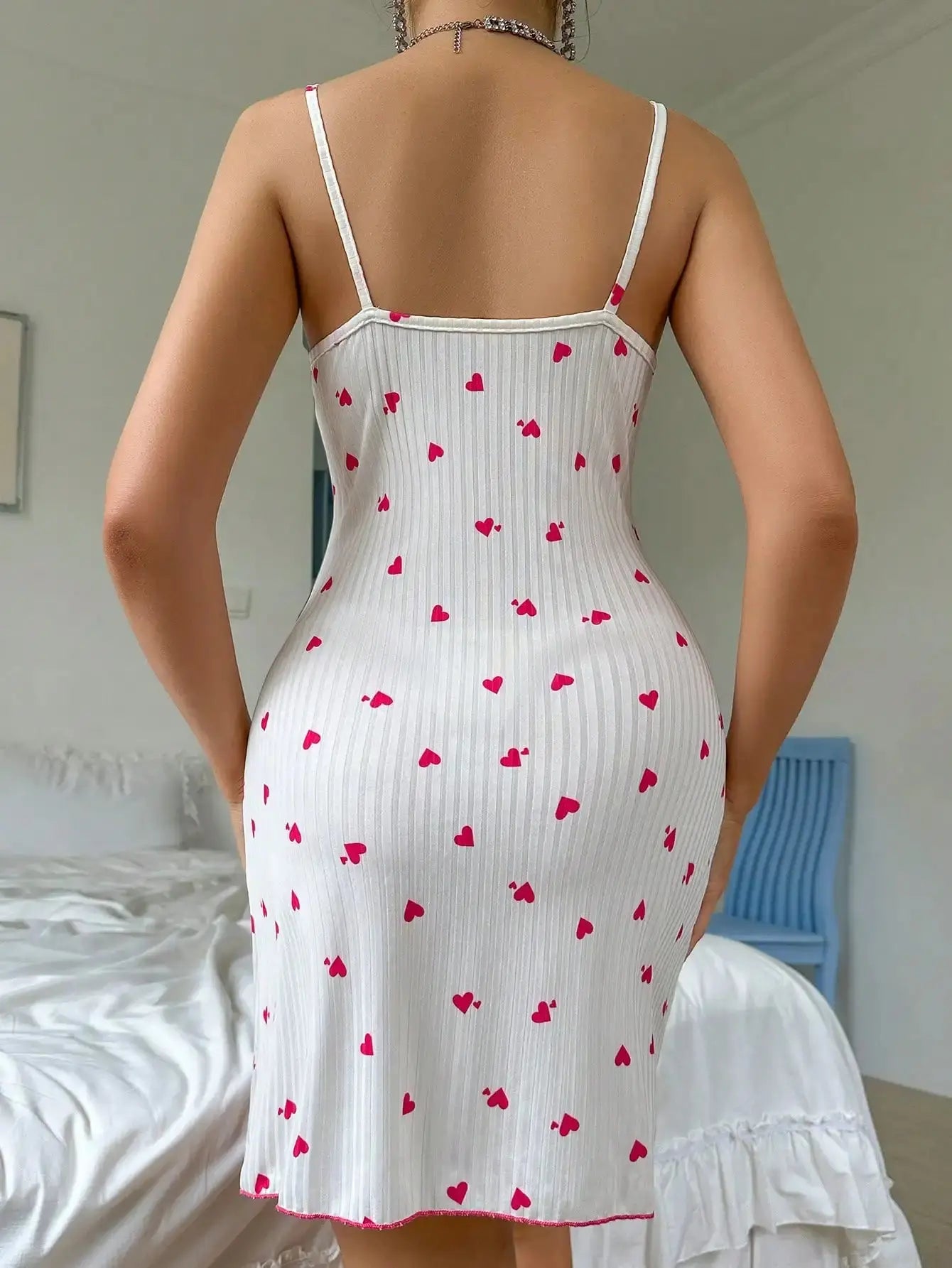 Women's Sexy Nightdress Night Gown Lace Trim Camisole Bow & Heart Print Sleeveless Sleep Dress Elegant Night Wear BareGlow