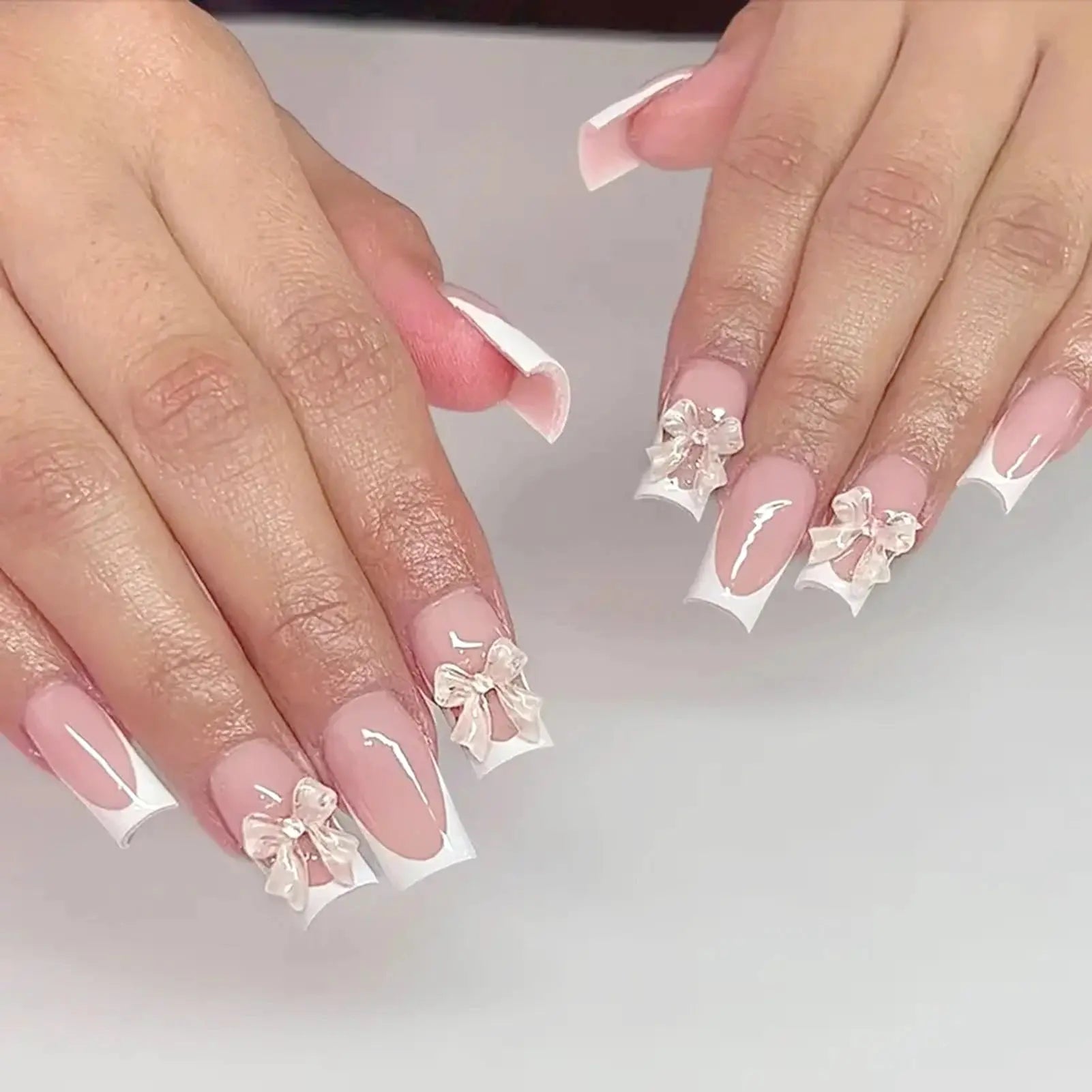 White French Press on Nails 3D Bowknot Fake Nails Tips Full Cover Wearable False Nails for Women and Girls DIY Manicure 24Pcs BareGlow