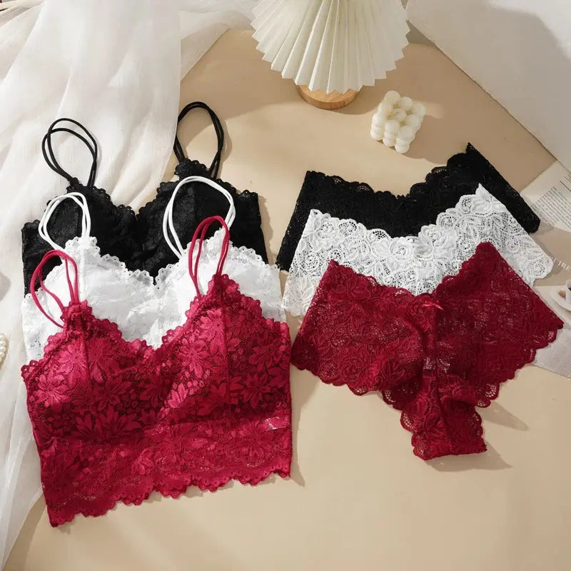 Women's Sexy Lace Bra Suit Solid Set Beautiful Back Hollow Out No Steel Ring Underwear With Lace Flower Breathable Panties BareGlow