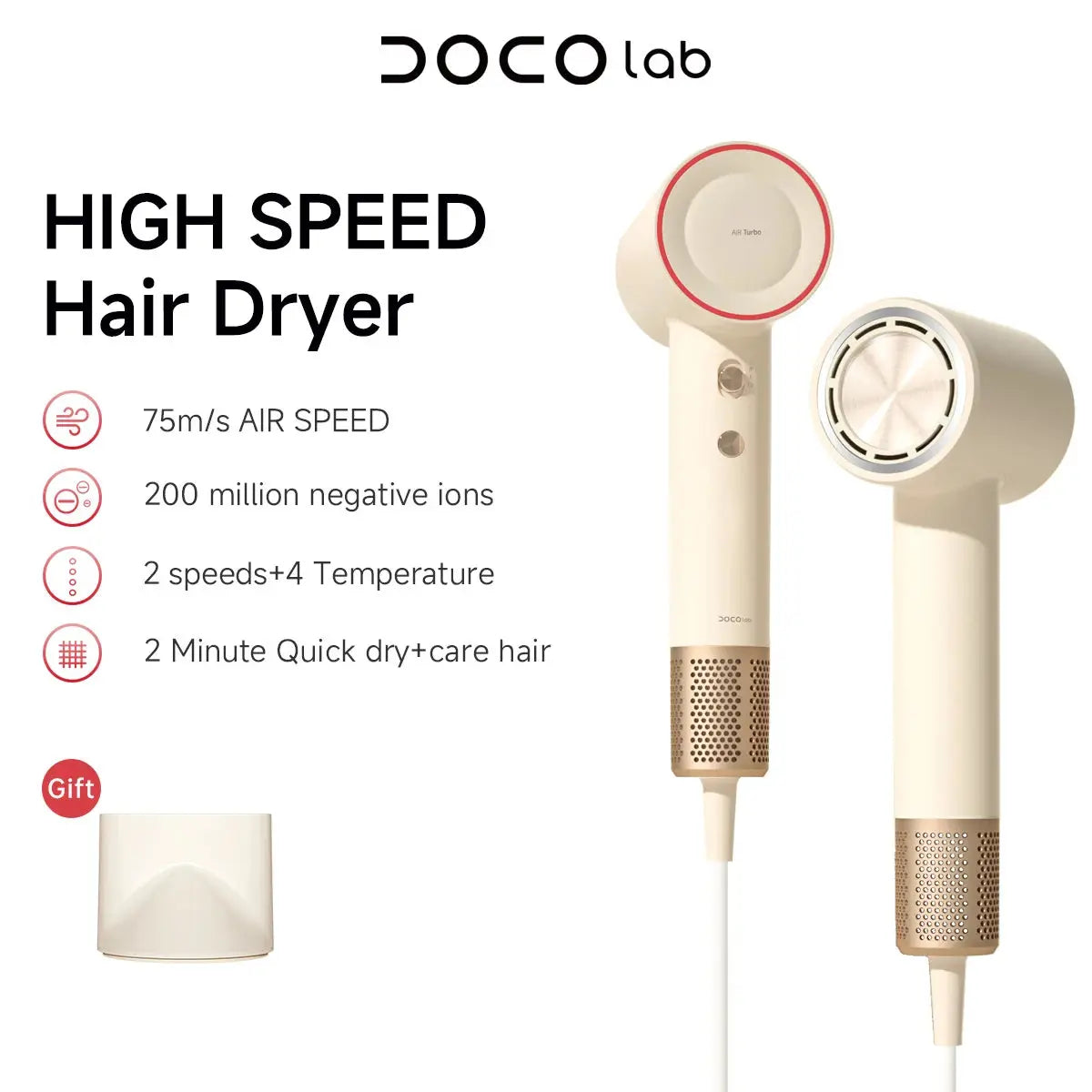 DOCO LAB Professional Hair Dryer 110000 RPM High-Speed Brushless Motor for Fast Drying Anti-static Negative Ion Technology Hair BareGlow
