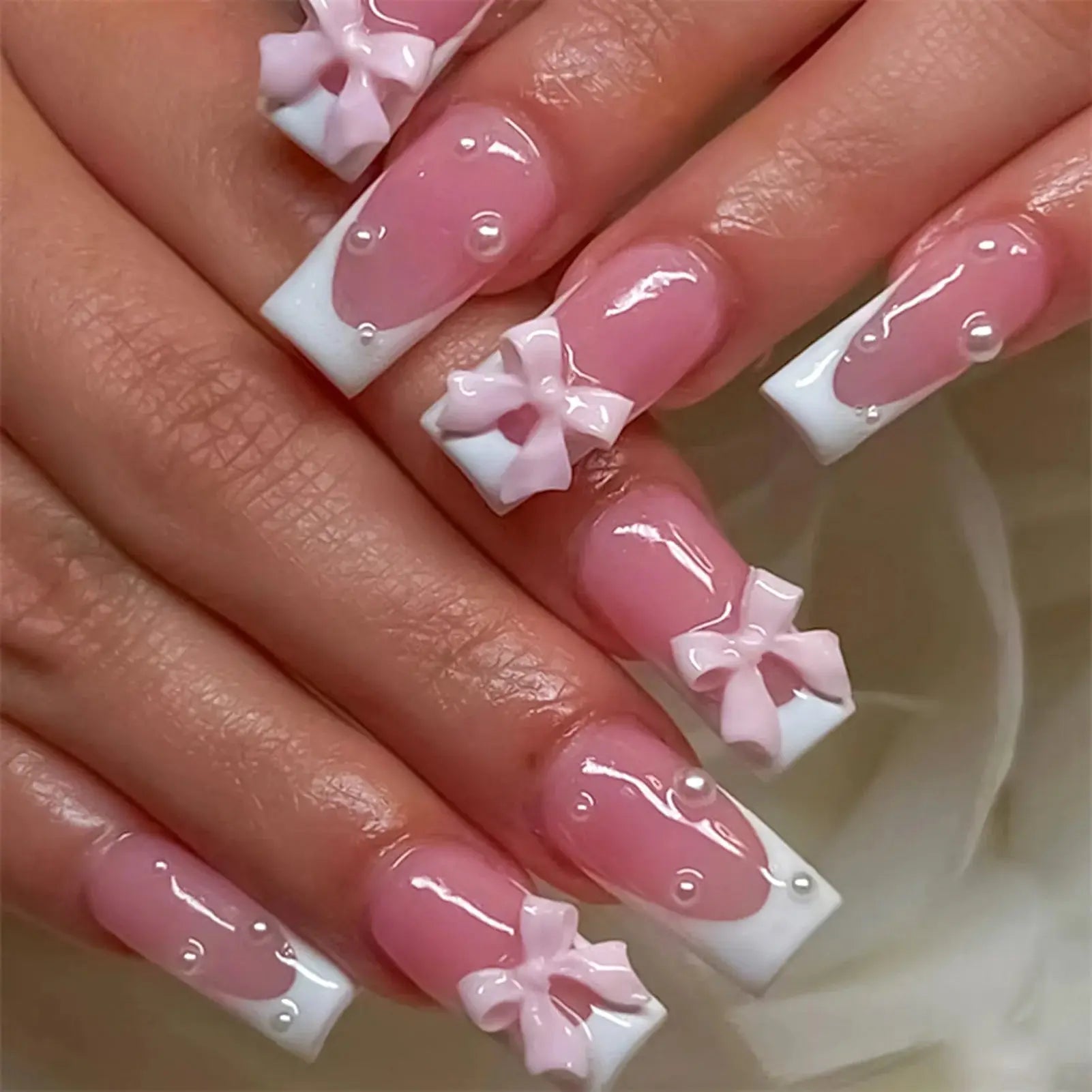 White French Press on Nails 3D Bowknot Fake Nails Tips Full Cover Wearable False Nails for Women and Girls DIY Manicure 24Pcs BareGlow